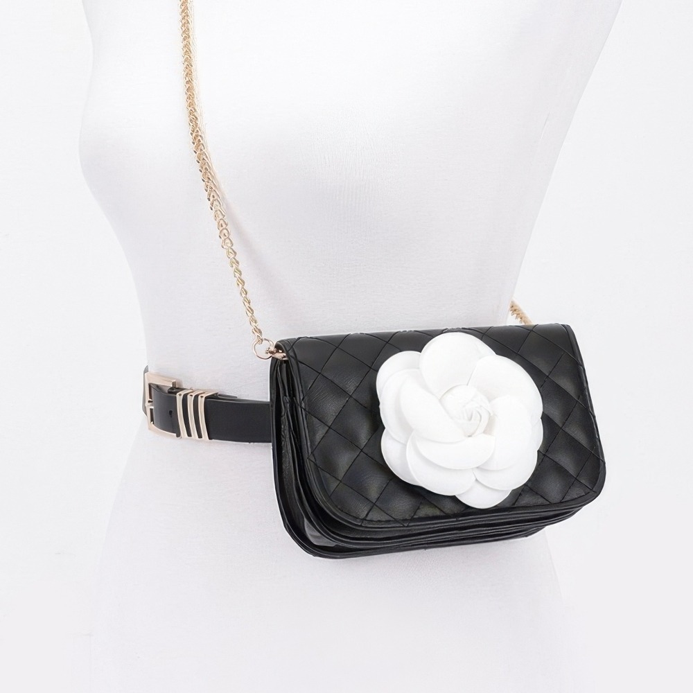 Quilted Belt Bag Black Faux‎ Leather White Flower Chain Strap